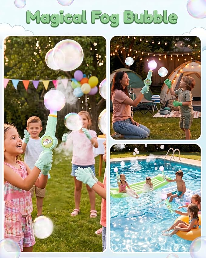 Fog Bubble Machine, Smoke Bubble Wand Machine Rechargeable with Lights & Sound Fog Game for Parties, Beaches, Summe (Green)