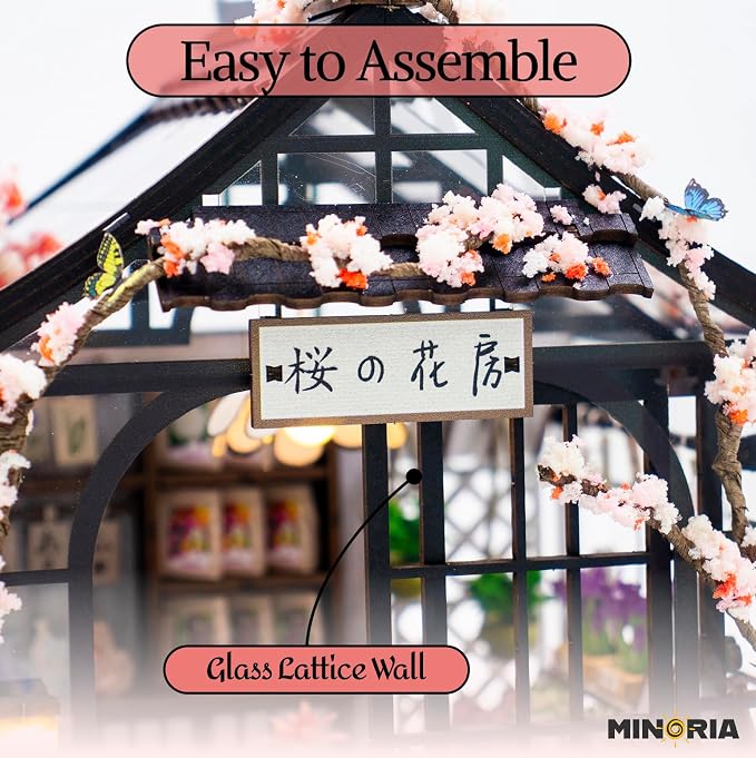 MINORIA Sakura Greenhouse DIY - Miniature House Building Kit-3D Wooden Cherry Blossom Dollhouse with Acrylic Dust Cover - LED Light
