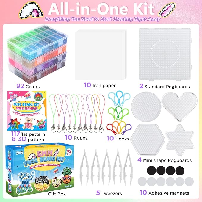 Zefy Fuse Beads Kit 92 Colors 19200 Pcs Melting Beads 5mm, Including 124 Patterns, 6 Pegboards, Ironing Paper, Tweezers & Hooks, Home School Arts and Crafts for Kids, Toys Gifts for Girls and Boys