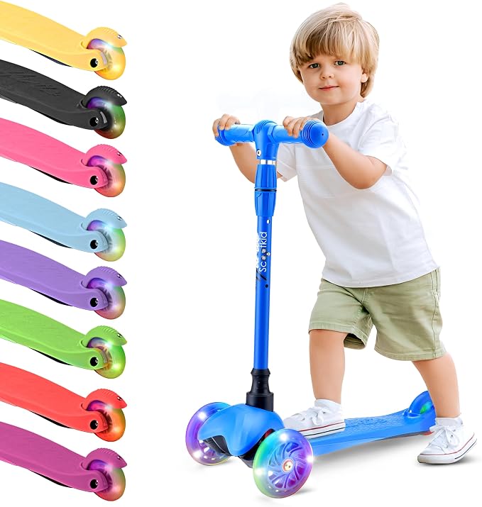 Hurtle Mini Kickboard 3 Wheel Scooter for Kids Ages 2-5 - Lean-to-Steer Toddler Scooter with Light-up LED Wheels, Adjustable Height & Rear Foot Brake for Boys. & Girls, Anti-Slip, Indoor/Outdoor