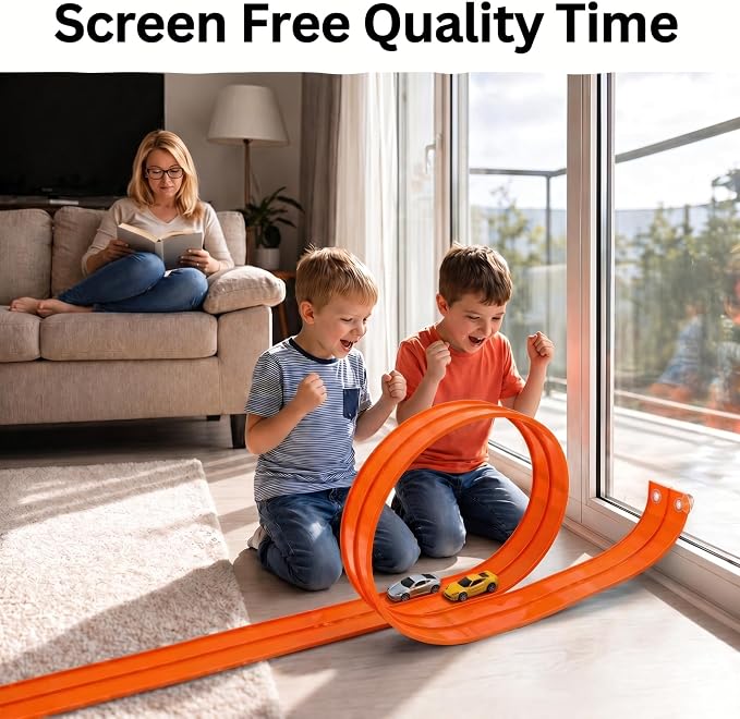 Flexible Race Track for Kids – 4.5M Bendable Dual Lane System, Portable Car Track with Suction Base, Foldable Roll-Up Design for Interactive Play Ages 4–9 (No Cars Included)