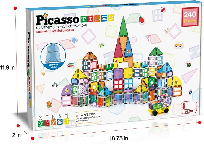 PicassoTiles 240pc Magnetic Tiles Building Set with Storage Bag Themed Stickers and Car Base Magnet Tile STEM Sensory Fun Creative Learning Classroom Must Have Educational Toy Boy Girl Age 3+ PT240