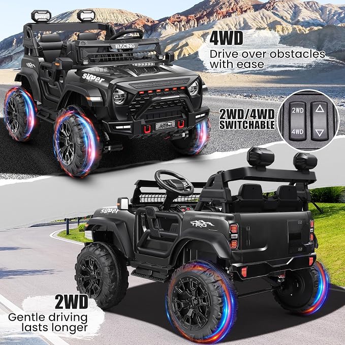 Hikole 24V Ride on Car with Remote Control, 2 Seater Electric Car for Kids w/20 Inch Wide Seat, 4x100W Motor, LED Headlight & Music Player, Power Car Wheels Ride on Toys for Boys Girls, Black