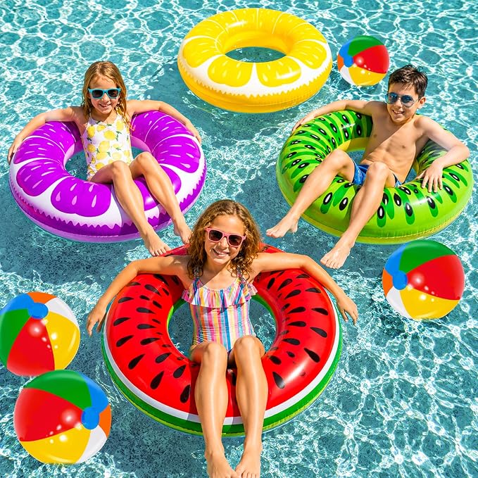 8 Pack Inflatable Pool Floats, Pool Toys for Swimming Pool Party Kids Adults 4 Pcs Fruit Swim Tube Rings & 4 Pcs Beach Balls Pool Floaties Summer Lake Hawaiian Beach Luau Party Decorations Water Fun