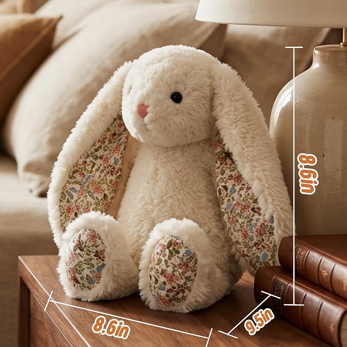 Floral Bunny Stuffed Animal Cream French Style Blossom Romantic Rabbit Plush Toy Easter Stuffers Birthday Gifts Girlfriend Kids Party Favors Home Aesthetic Bedroom Decoration 8.7 Inch 9.5 oz