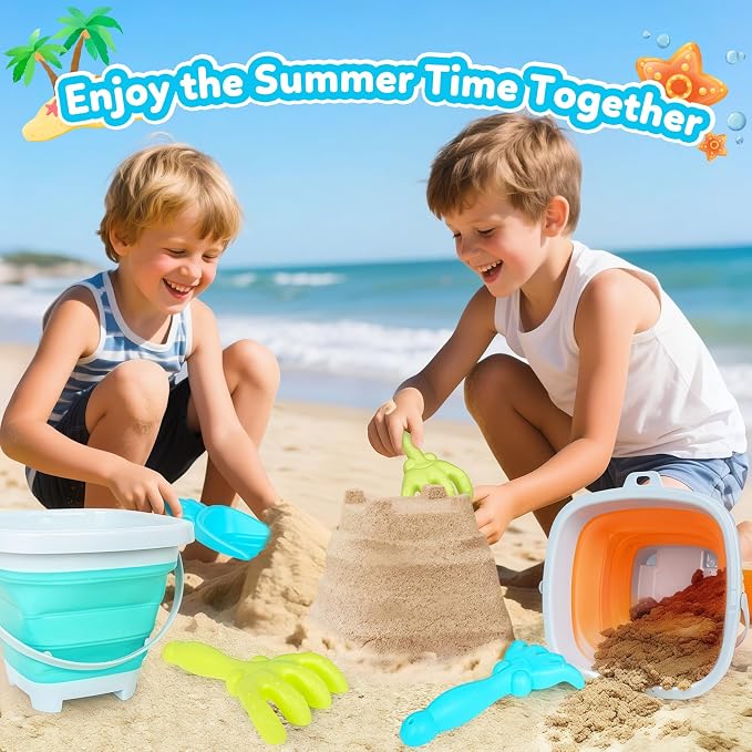 GKDOMS Kids Beach Toys Set with Collapsible Bucket, Sand Rake and Shovel, Turquoise and Orange, Ages 2-6, 2pack Travel Toys (Two Mix)
