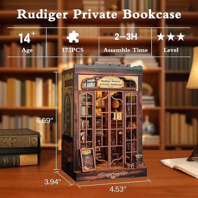 DIY Miniature House Kit, Library Book Nook Kit, 3D Wooden Puzzles Bookshelf Craft Kits, Dollhouse Kit with LED Light, Mini Building Kit for Adults Teen to Build (Retro Bookstore)