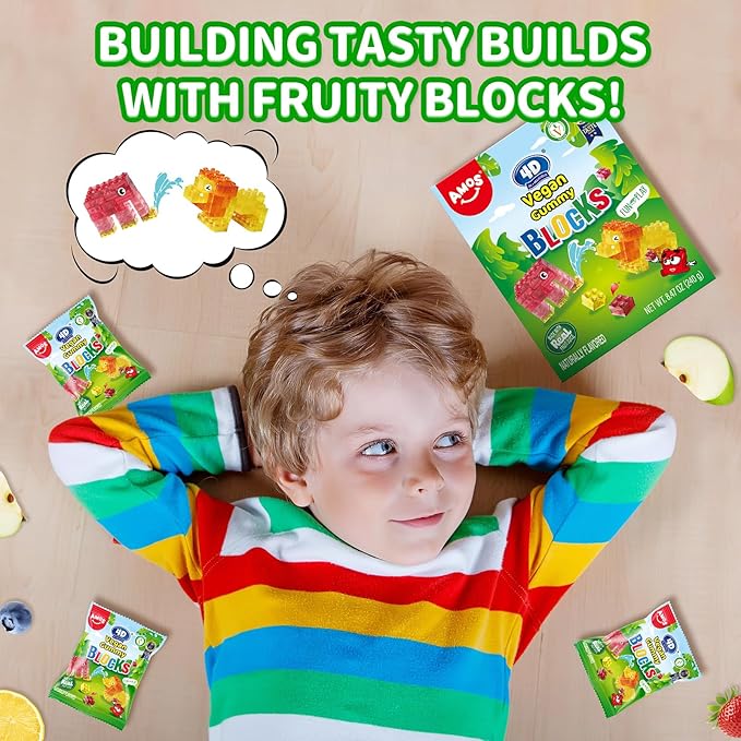 AMOS 4D Vegan Gummy Blocks Candy – Assorted Fruit Flavors, Made with Real Juice, Fun-to-Build Edible Blocks, Fat-Free, (8.47 oz Pack of 1)