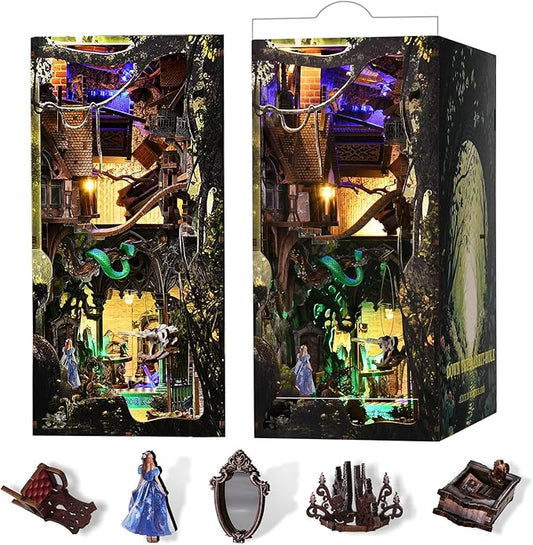 MiniCity DIY Book Nook Kit for Adults, 3D Wooden Puzzle Bookend Bookshelf Insert Decor with LED Light and Dust Cover (Down The Rabbit-Hole Alice in Wonderland)
