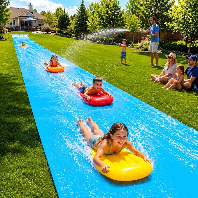 40 FT X 7FT Extra Long n Width Slip Water Slide, Heavy Duty Lawn Water Slides and 3 Bodyboards 6 Stakes, Summer Outdoor Water Toys for Kids Teens and Adults Backyard Beach Swimming Pool Party