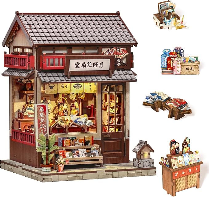Book Nook Kit - DIY Miniature Japanese Fan House, 3D Wooden Puzzle Dollhouse with LED Lights, Tiny Bookend & Creative Bookshelf Decor, Crafts Gifts for Adults