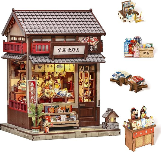 Book Nook Kit - DIY Miniature Japanese Fan House, 3D Wooden Puzzle Dollhouse with LED Lights, Tiny Bookend & Creative Bookshelf Decor, Crafts Gifts for Adults