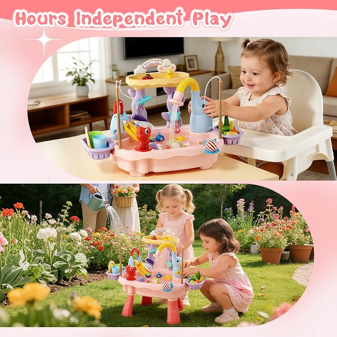 2027 Upgraded Toddlers 1-3 Water Table with Electric Pump, Kids Water Table with Faucet Play Food Accessories Fishing Toy, Kitchen Play Sink Toys for Girl Boy Age 4-8 (Pink)