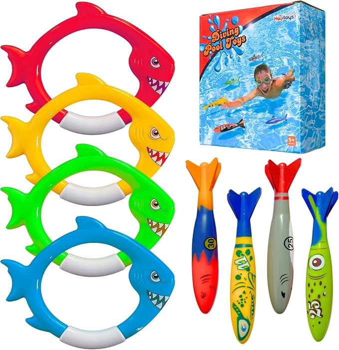 Haktoys Shark Dive Rings & Torpedo Pool Toys for Kids & Toddlers, Sinking Diving Toys for Swim Training, Underwater Pool Games with Fish Rings & Torpedoes, Summer Water Toys for Boys & Girls