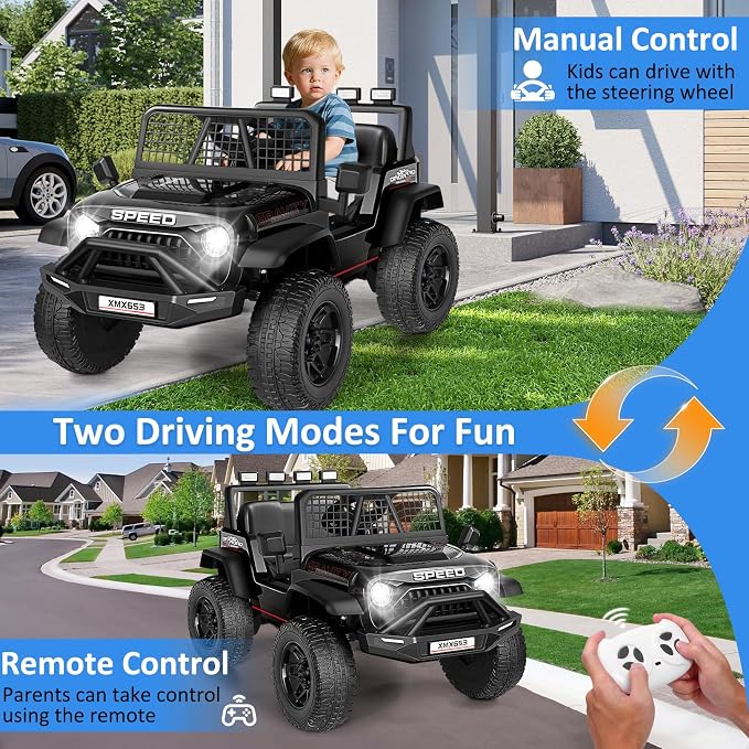 Hikole 24V Ride On Toys for Big Kids, 24V Power Wheels Truck with Remote Control, 3 Speed, Bluetooth, Music, Soft Start, Spring Suspension, LED Light, Electric Cars for Kids Boys Girls 3-5, Black