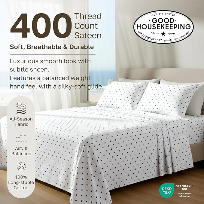 California Design Den Soft 100% Cotton Queen Sheet Set, 400 TC Good Housekeeping Award Winner, Smooth Sateen Finish with Deep Pockets, Cozy and Durable Cotton Bedding Set - Polka Dot