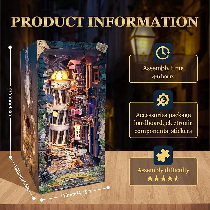 Book Nook with LED Light - 3D Puzzles for Adults, DIY Miniature House Kit, Exquisite Bookshelf Decor, Book Shelf Decor, Perfect, Dollhouse Magic Book Nooks-Magic Night Alley