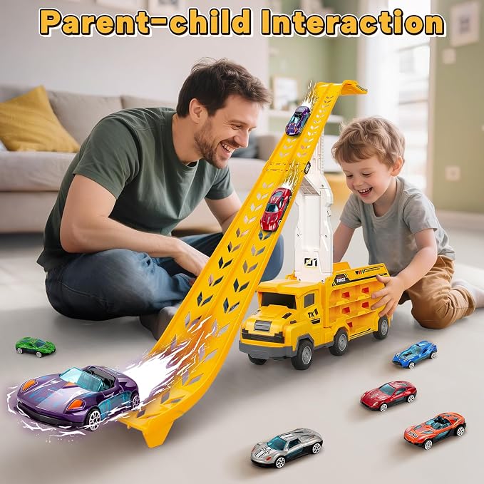 Kids Toys for 3 4 5 6 7 8 Years Old Boys, Carrier Truck Transport Car Toys, Foldable 2 Layer Car Race Track Playset with 25-in Race Track, 6 Metal Toy Cars, Birthday Toy Gift for Toddler-Yellow