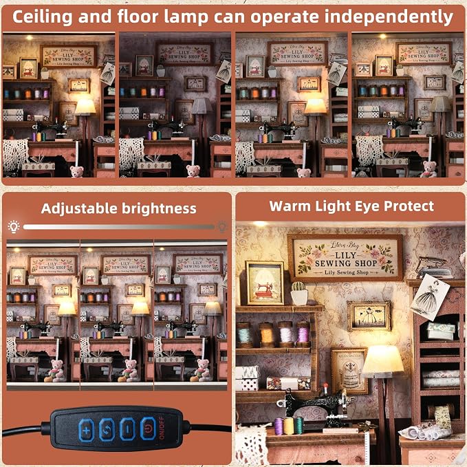 Book Nook Kit - 3D Wooden Puzzle with LED Switch Control & Wall-Mountable Frame，DIY Miniature House for Beginners，Bookshelf/Tabletop/Wall Decor for Craft Lovers，Dollhouse Gift (Lily Sewing Shop)