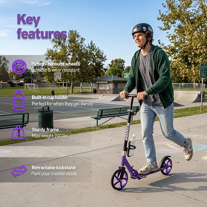 Scooter for Kids Ages 6+, Teens & Adults, Max Load 240 LBS, Foldable Kick Scooter with 8-inch Big Wheels, Kickstand, 3 Adjustable Levels, Rear Brake,