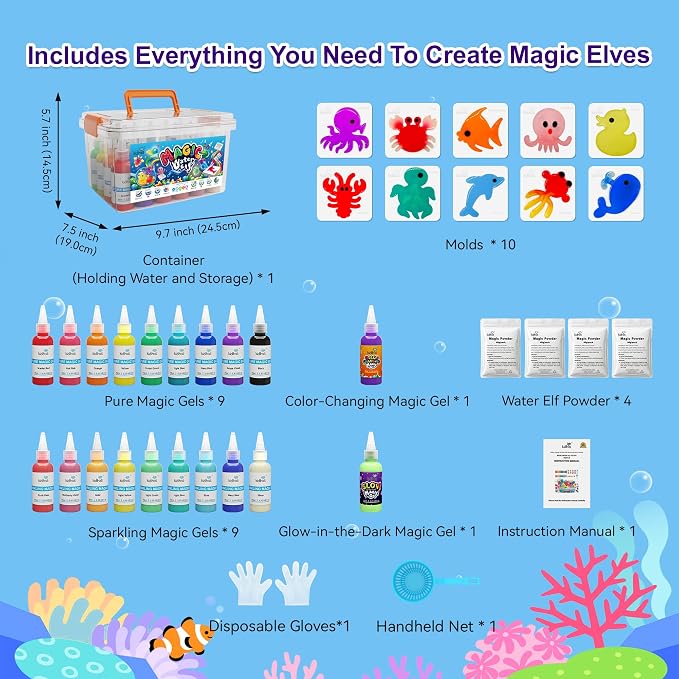 Kiditos Magic Water Elf Toy Kit – Squishies for Kids, 20 Gels & 10 Molds, Magic Gel Water Pets Sensory DIY Craft Kit, Party Favors & Summer Gifts for Kids Ages 3+