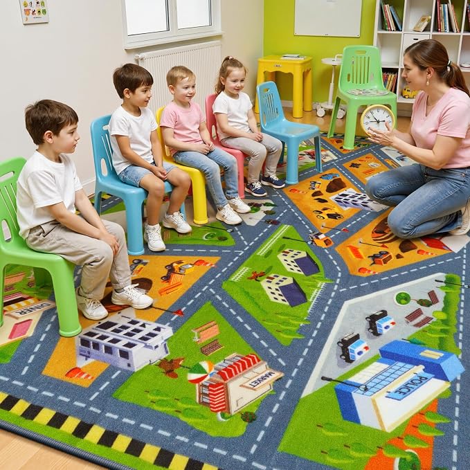 STARUIA Kids Carpet Playmat Rug, 5.3x6.6 Ultra Non-Slip Car Rug Play Mat Learn and Have Fun Educational City Road Car Carpet for Kids, Washable Car Kid Rugs for Boys Room Playroom Bedroom Nursery