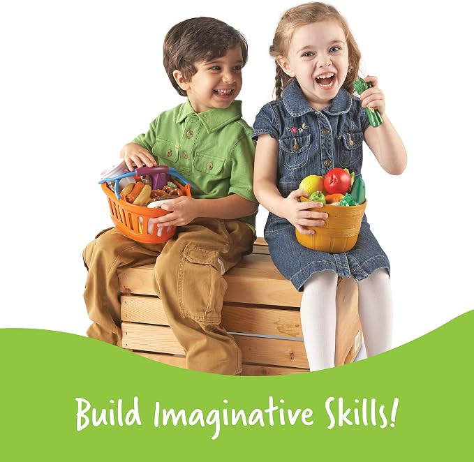 Learning Resources New Sprouts Deluxe Market Set - Pretend Play Kitchen, Fruit Basket, Toddler Outdoor Play Food Toys, Kids Playset, Shopping Basket, Fine Motor Skills, Montessori Sensory Cooking