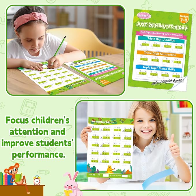 Addition and Subtraction Workbook Triple Digit Math Practice Worksheets for 2nd 3rd Grade, Addition&Subtraction Worksheets One Page A Day Math for Ages 6-9, Math Repetition Exercise Daily, 56 Pages
