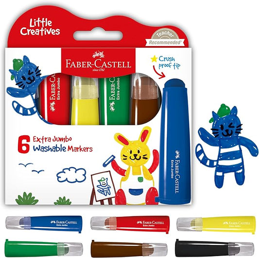 Faber-Castell Little Creatives Extra Jumbo Ultra Washable Markers for Kids - 6 Colors, Back to School Art Supplies | Summer Crafts for Kids | Art Supplies for Toddlers & Preschoolers (Ages 3+)