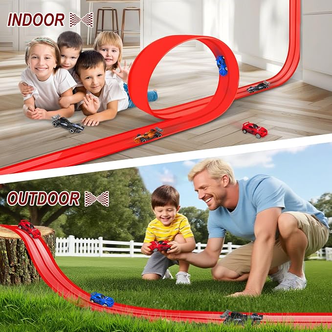 20 Ft Flexible Race Track Toys, Flex Race Car Ramp Track with 4 Race Cars & Suction Cups Rolls Up Portable DIY Race Track Anti Gravity Car Track Set,Kids Racecar Track Toy(Red)