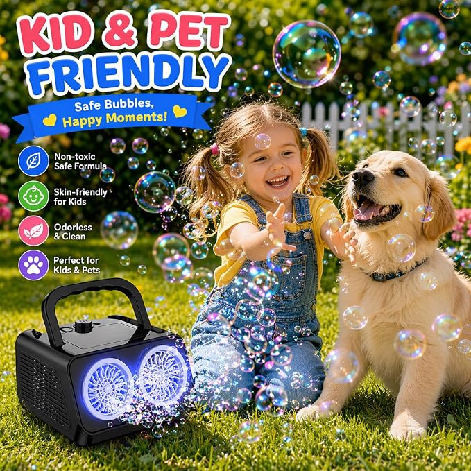 Bubble Machine with Dual Fans,20000+ Bubbles Per Minute | USB-C or AA Battery Operated,Leak-Proof Sealed Bottle,Portable Bubble Maker for Birthday Party Pool Wedding Outdoor