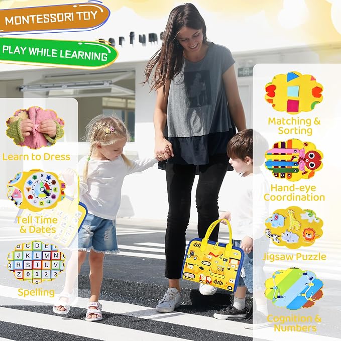 Esjay Toddler Busy Board Montessori Toys for Boys Girls, Sensory Book Educational Activities for Learning Fine Motor Skills, Birthday Gifts for Toddlers, Travel Toys for Airplane Car, Yellow Truck
