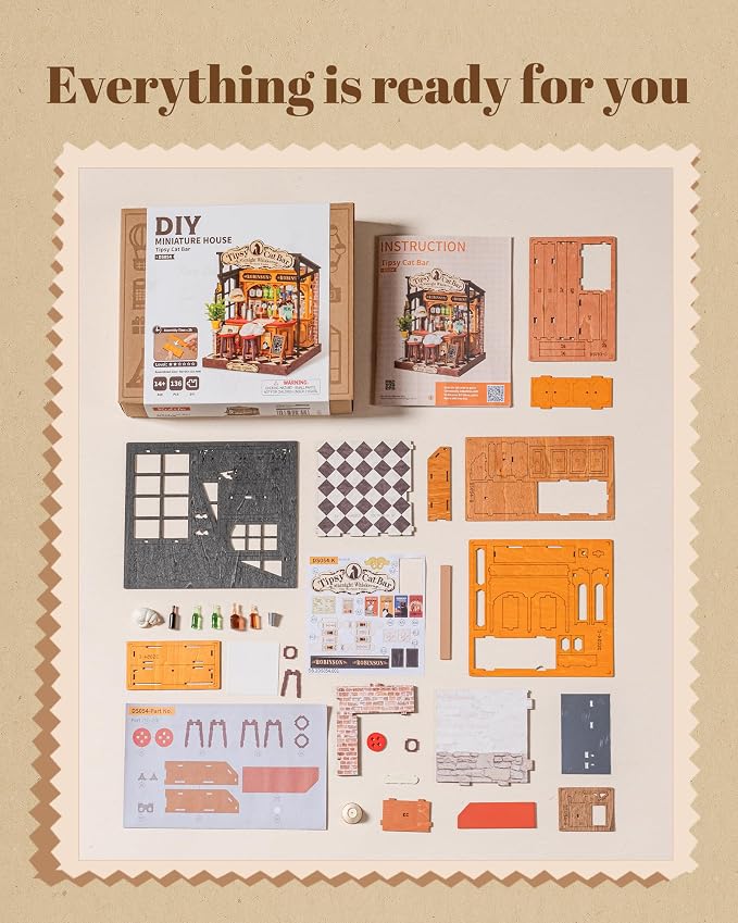Robotime DIY Miniature House Kit for Adults, 1:28 Diorama Dollhouse with LED Lights, 3D Wooden Puzzles for Adults, Creative Crafts & Unique Gift for Craft Enthusiasts (Tipsy Cat Bar)