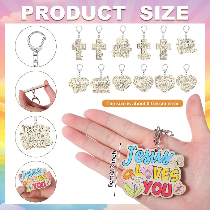 Trnayi 36 Pcs Christian Unfinished Crafts Color Your Own Jesus Loves Me Religious Keychains Wood DIY Coloring Crafts Gifts for Religious Painting DIY Arts Project Decoration
