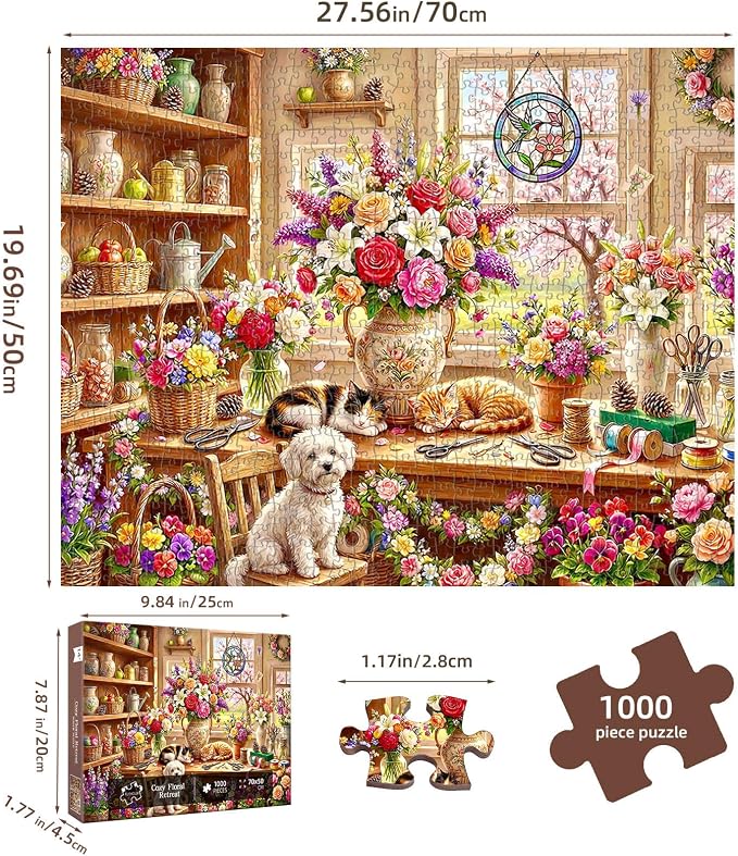 Cozy Floral Retreat Puzzles for Adults 1000 Pieces,Challenging Jigsaw Puzzles for Adults,Difficult Impossible Puzzle for Family Game Night,Puzzle with Letters on Back,Recycled Paper Jigsaw Puzzle