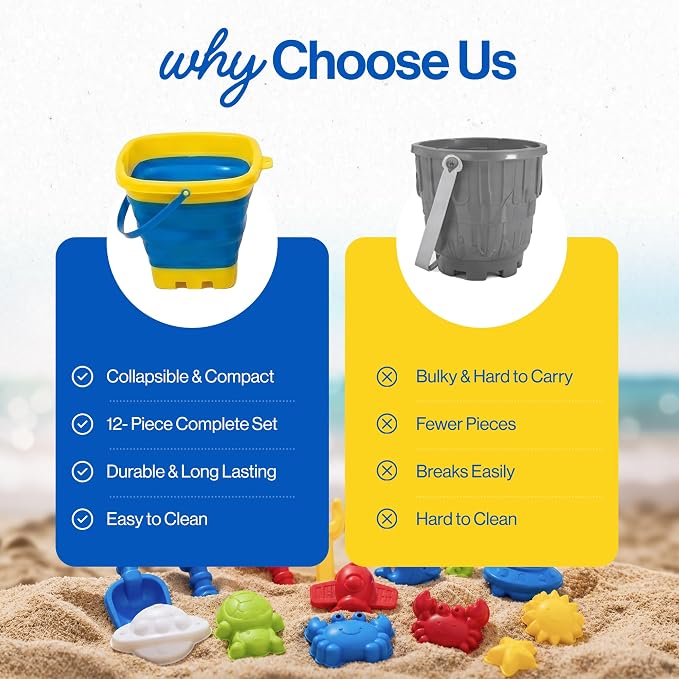 Beach Toys for Kids, 12-Piece Foldable Sand Toy Set, Silicone Beach Bucket, Sand Toys for Toddlers Ages 2-8, Beach Bucket and Shovel Set, Outdoor Beach and Sandbox Toys (Blue Set)