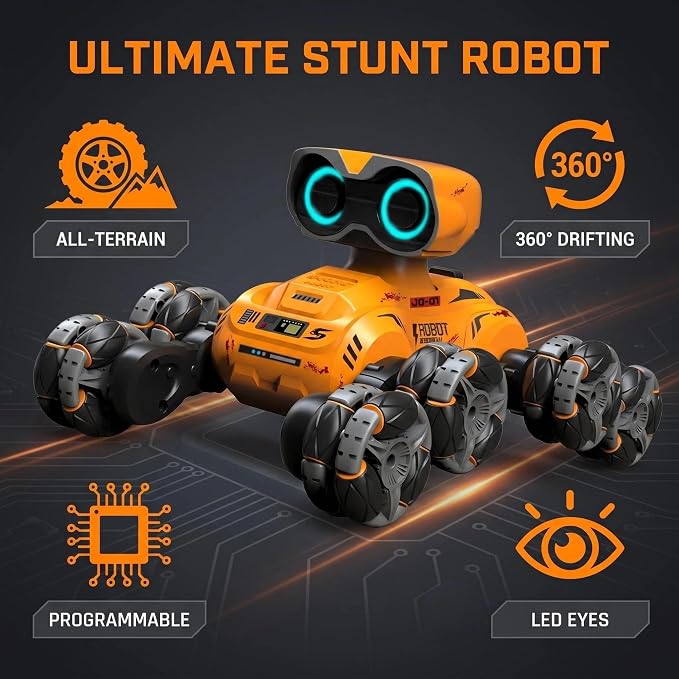 Robot Toys for Kids, 8 Wheels RC Stunt Car with LED Eyes, Lights & Music, Flexible Head, 360° Rotation, All-Terrain Remote Control Robot Car with Auto Demo, Gift for Boys Girls 3+ Years Old, Orange