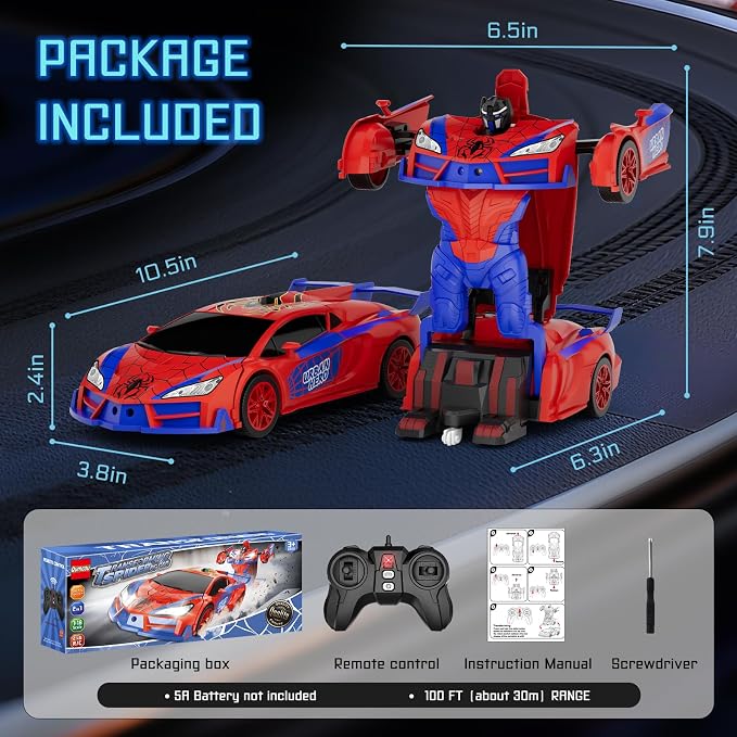 Qumcou Spider Toys for Boys 4-6, Remote Control Car, One-Button Transform Superhero Toys, 2.4Ghz RC Cars, 360° Spin,1:16 Scale, Shinning Red and Blue Light, Birthday Gifts for Boys, Boy Toys Age 6-8