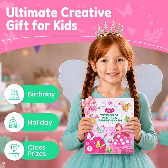 JoyCat Paint with Water Coloring Books & Creative Sticker(Tiny Fairy) | Watercolor & Sticker Activity - 200 Pcs Stickers for Kids, Toddler Painting Set, Art & Craft Travel Toy Gifts for Boys Girls