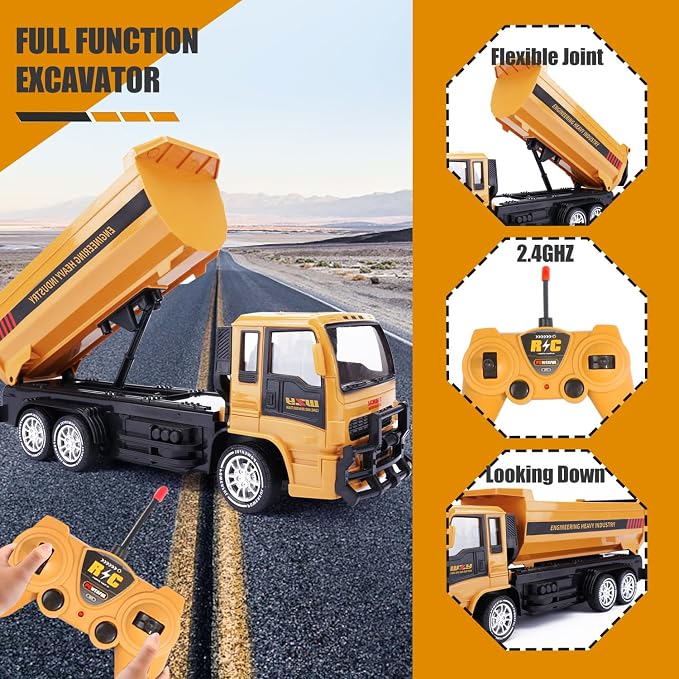 Jiakora Remote Control Dump Truck for Kids, 2.4GHz RC Construction Vehicle with LED Lights, 45° Dumping Function, 2 Rechargeable Batteries, Toy Truck for Boys Girls 3 4 5 6 7 8 Years Old