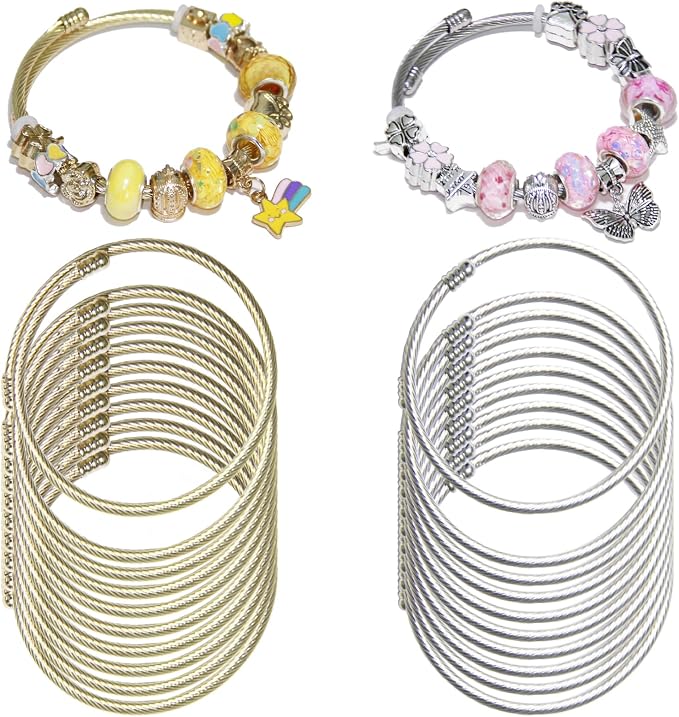 Exway 20 Pcs Elastic charm Bracelet chain Stainless Steel Cable Wire Twisted Cuff Bangle Bracelet Gold And Sliver charm Bracelets Kit for Crafts DIY Women Jewelry Making