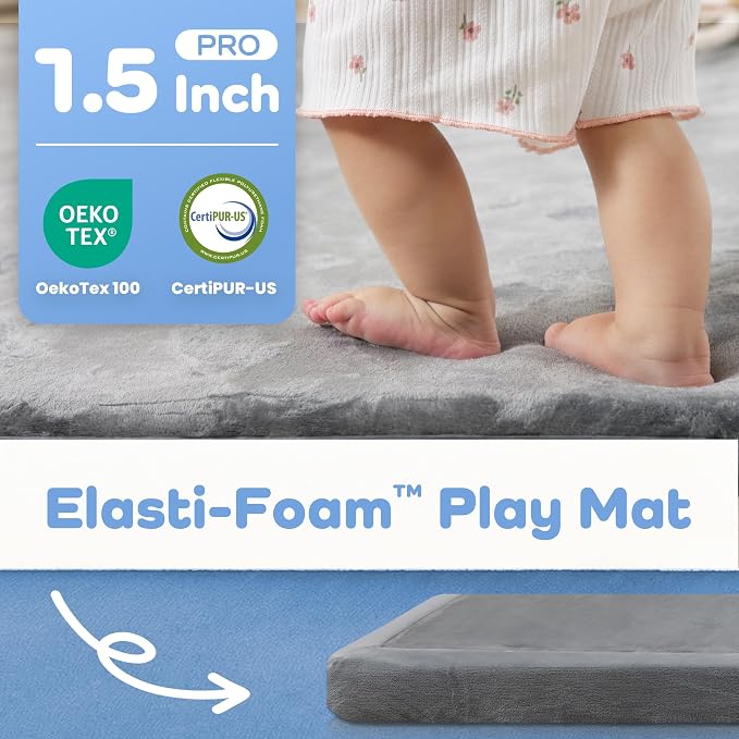1.5" Thick Baby Play Mat for Floor Tummy Time, Large Pro Soft Foam Activity Playmats Playroom, Easy Care with Non-Slip Safe for Infant Toddler Kids Crawling79 x 118" (Dark Grey)