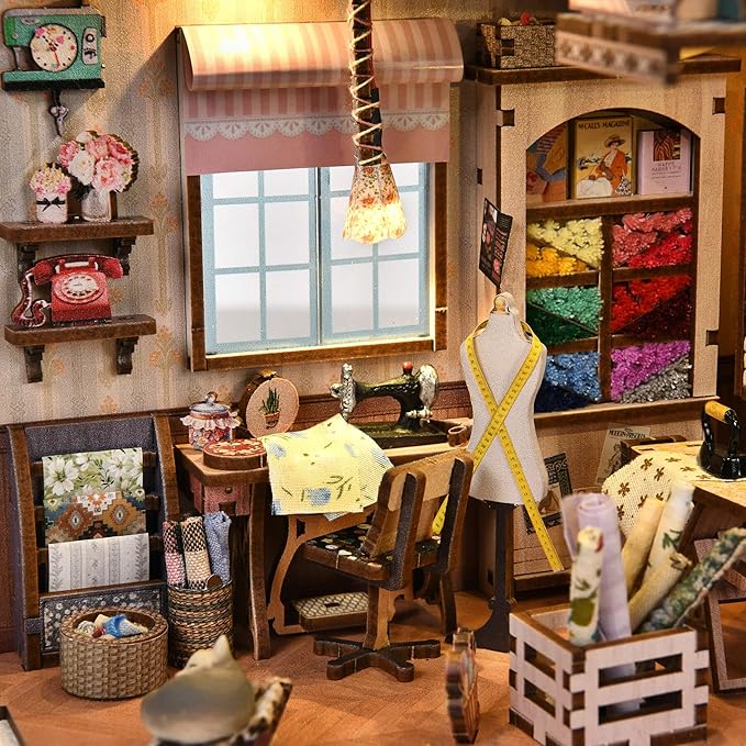 fifijoy Book Nook Kit - DIY Miniature House Dollhouse Kit for Adults and Teens, Booknook Tiny House Bookshelf Decor 3D Wooden Puzzle, Gifts for Family Friends (Sewing Room)