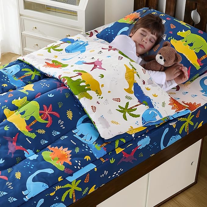 DJY Zipper Bedding Set Twin, Navy Blue Dinosaur Bedding Sets for Boys, Kids Comforter Set with Fitted Sheet Pillowcases, All in One Zipper Bed Set for All Seasons