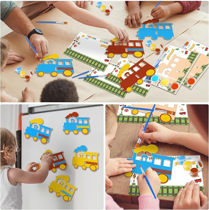 Seenelling 24 Set Train Birthday Party Favor Craft Include 24 Pcs DIY Wooden Painting Art Kit 24 Pcs Magnets 24 Gift Card 24 Wood Coloring Paint Gift 24 Transparent Bags Bulk for Classrooms Supplies