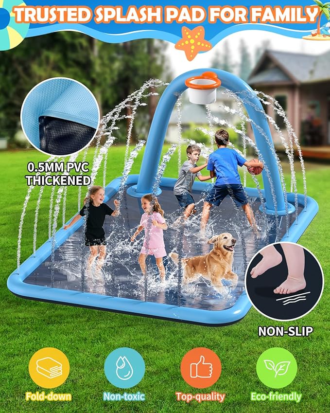 Splash Pad for Kids & Dogs, Large Sprinkler Pad Water Toys with Basketball Hoop, Thickened Non-Slip Splash Mat, Foldable Play Pool & Outdoor Summer Toys Ages 4-12 (102" Splash Pad)
