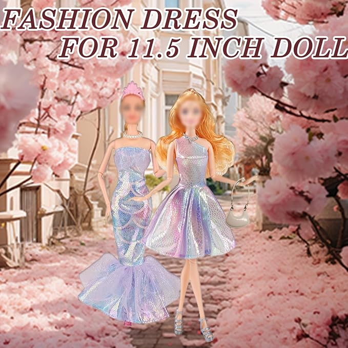 17 PCS Doll Clothing and Accessories for 11.5 inch Girl Dolls Including 6 Set Handmade Clothes -Wedding Evening Gowns Fashion Form-Fitting Mermaid Dresses Casual Sport Outfit with 6 Shoes&Bag&Glasses