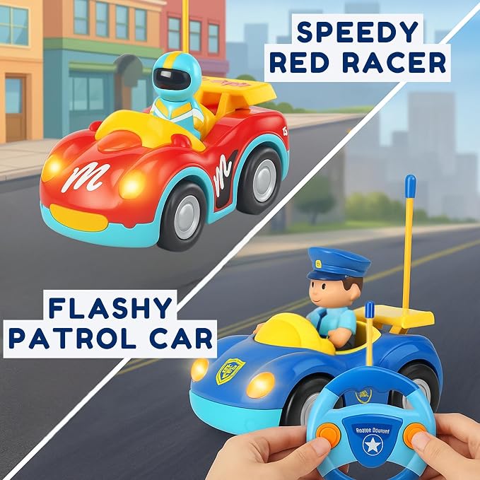 Liberty Imports My First Cartoon RC Remote Control Cars for Toddlers Ages 1-3, Radio Control Toy for Baby, Kids 18 Months+ (Race Car + Police Car)
