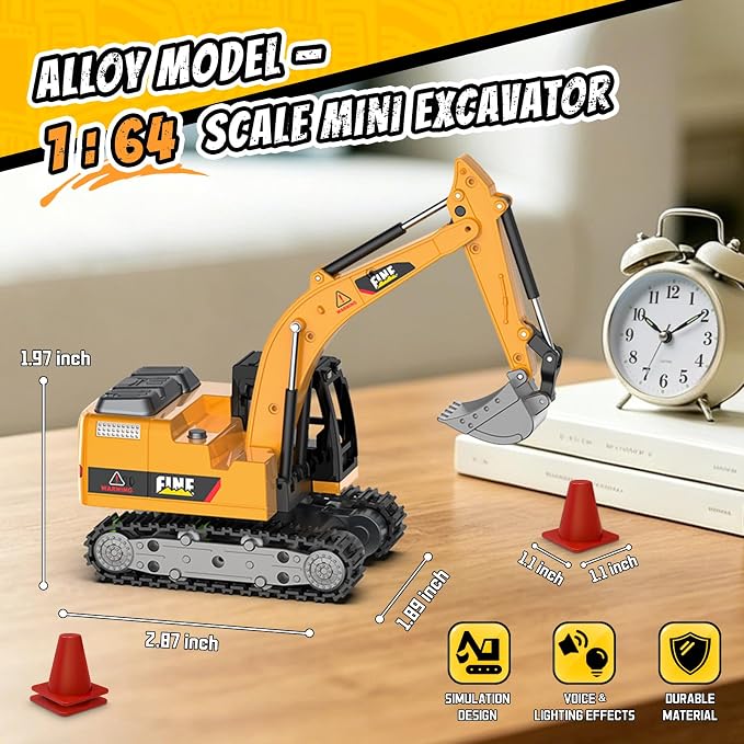 Selieve 1/64 Remote Control Excavator for Boys Age 3+ | Mini Excavator Toy, Learning Programming, Metal Shovel & Light, RC Construction Vehicle