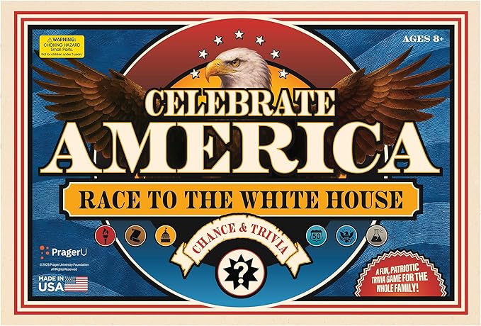 PragerU: Celebrate America - Race to The White House Board Game, USA Trivia Game, America’s 250th Anniversary Edition, Families & Kids 8+, 2+ Players, Made in America